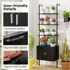 Giantex 72.5" Ladder Bookshelf with Cabinet, 5-Tier Tall Wall-Mounted Shelf w/Storage, Modern Style Kitchen Open Shelving Organizer, Heavy-Duty Metal Frame Display Rack for Living Room,Black