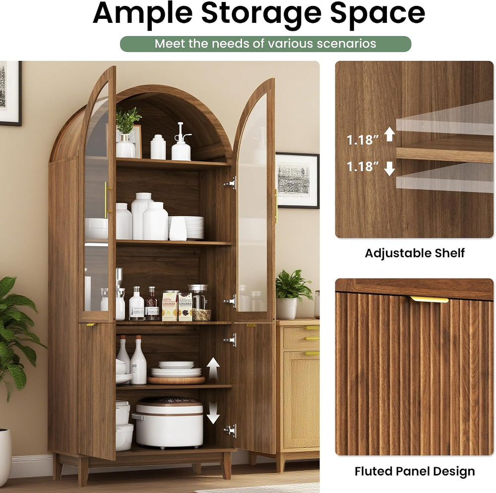 71" Tall Arched Pantry Cabinet, Kitchen Pantry with Glass Doors & Fl...