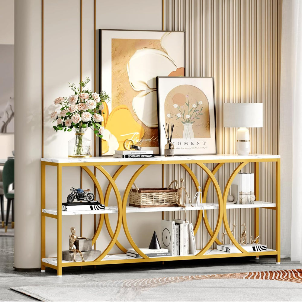 70.8 inch Extra Long Entryway Table,Gold Narrow Sofa Table | 3 Tier Storage S...