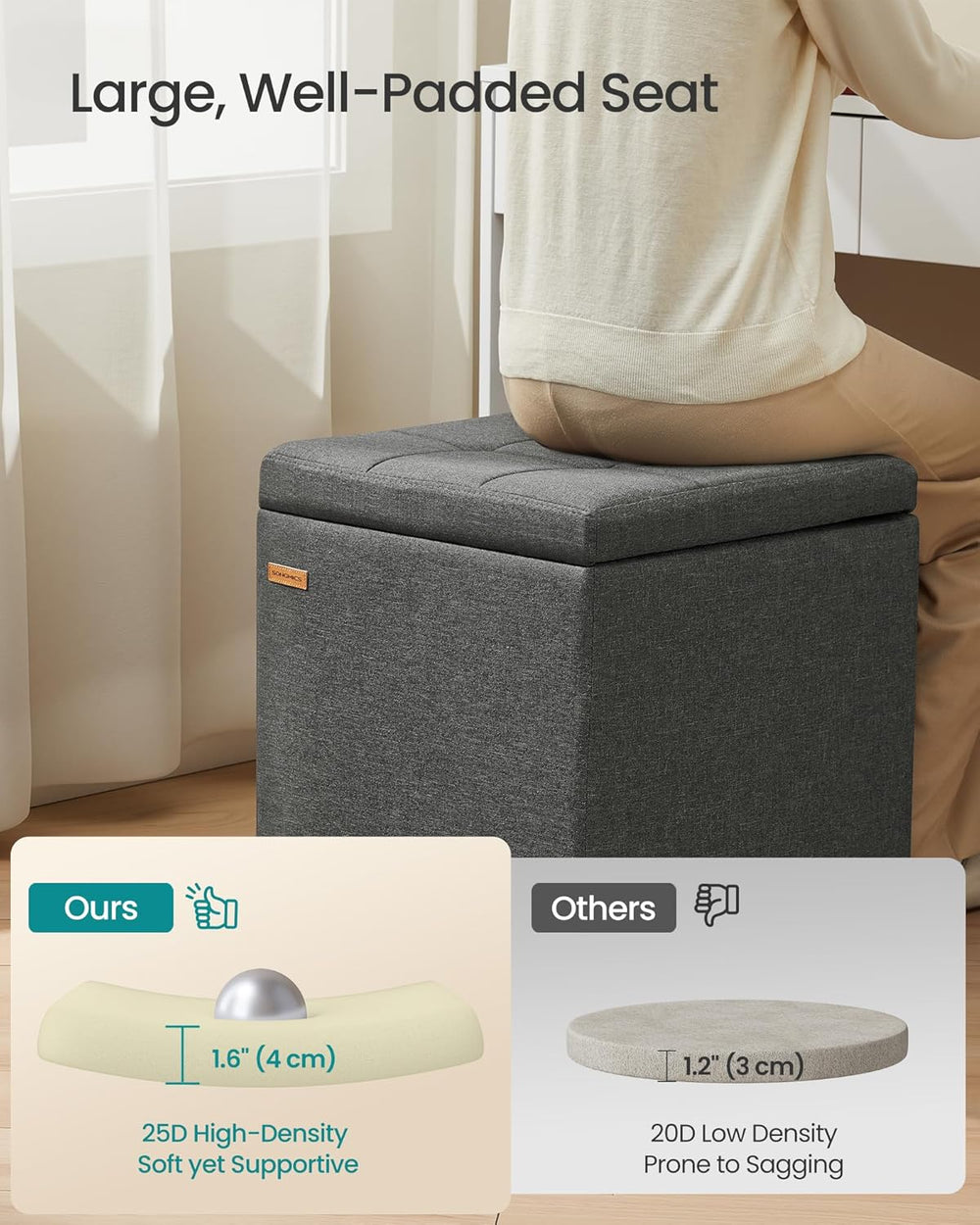 SONGMICS Square Storage Ottoman with Hinged Lid, 16.9 x 16.9 x 18.1 Inches | ...