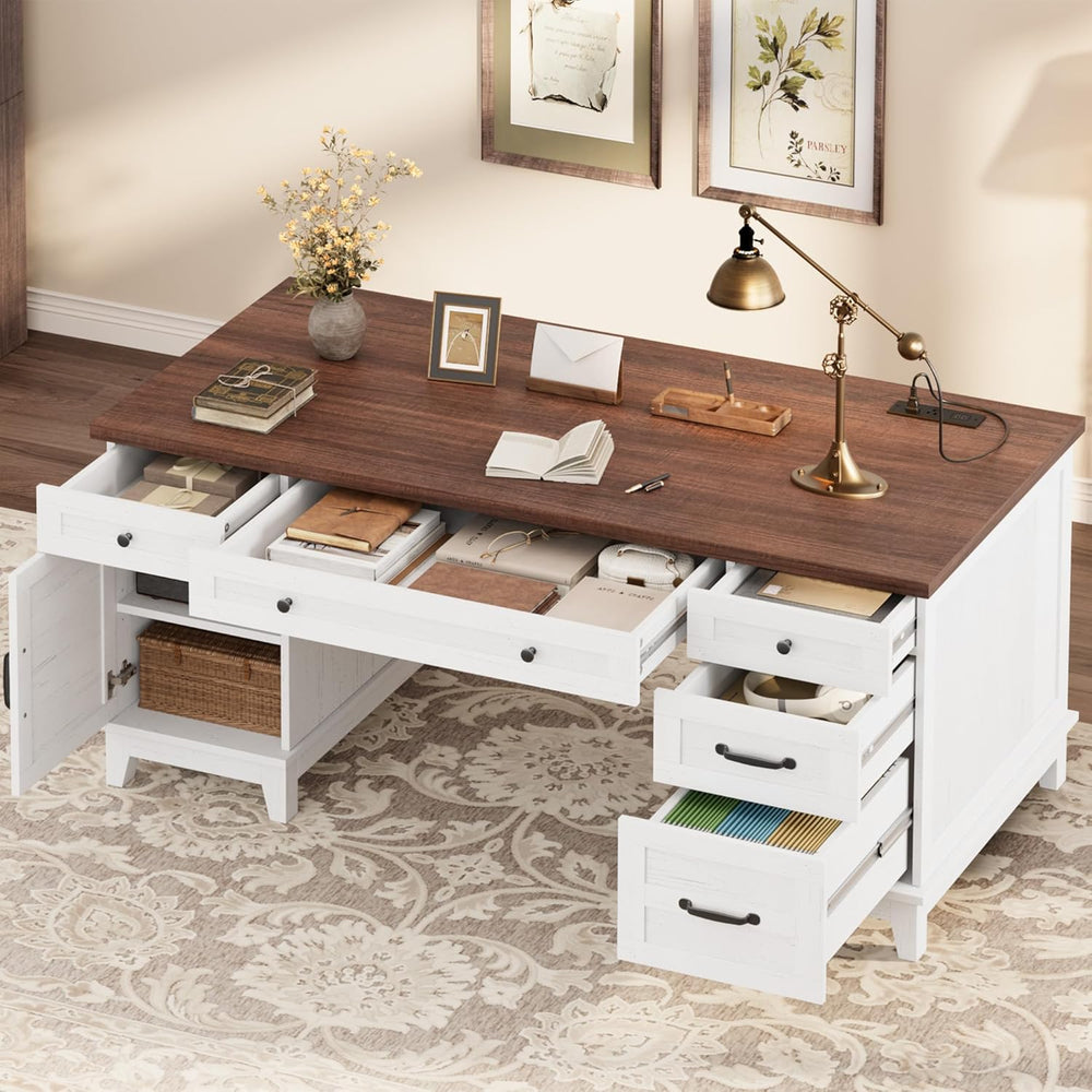 Garvee 60" Wooden Home Office Desk with File Drawers, Executive Desk wit...
