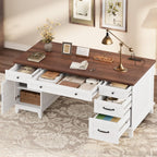 Garvee 60" Wooden Home Office Desk with File Drawers, Executive Desk with Adjustable Cabinet, Farmhouse Wood Desk with Power Outlet, Distressed Study and Work Table, Rustic White