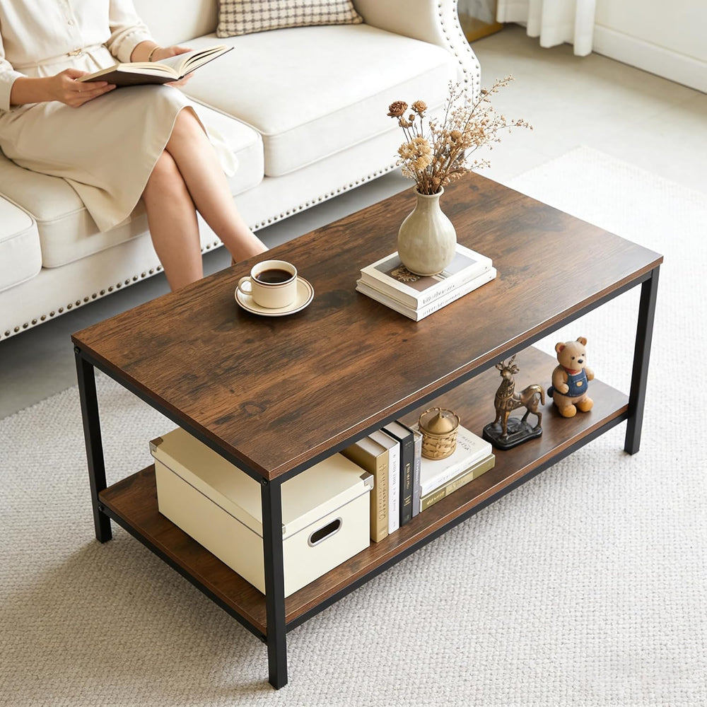 SUPER DEAL 2-Tier Industrial Coffee Table with Storage Shelf for Small Apartm...