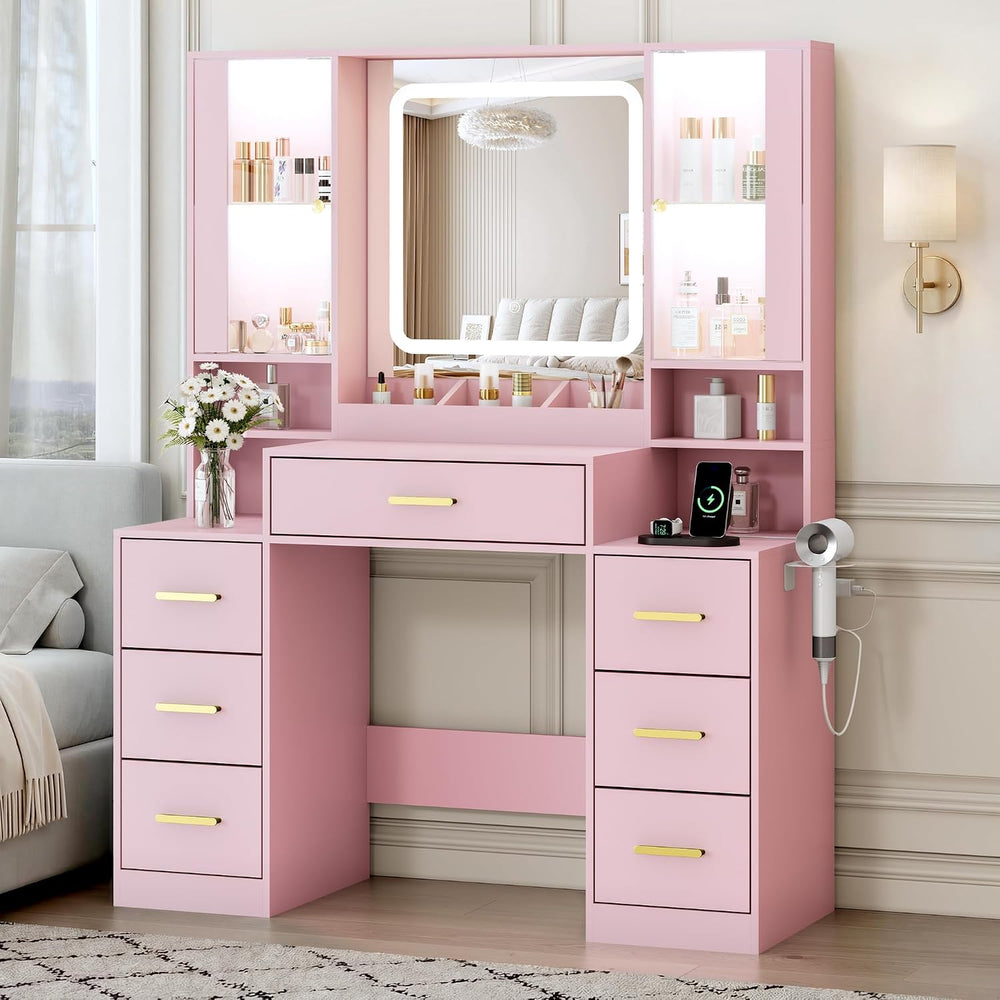 BORNOON Vanity Desk with Mirror and Lights, Makeup Vanity with 7 Drawers, 2 G...
