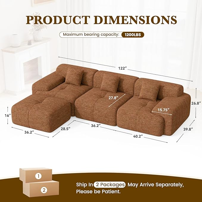 122" L Shaped Convertible Modular Couch, Cloud Couch Sectional with Ottoman, 4-Seater Chenille Boneless Couches for Living Room, Apartment, No Assembly, Orange 1PCS