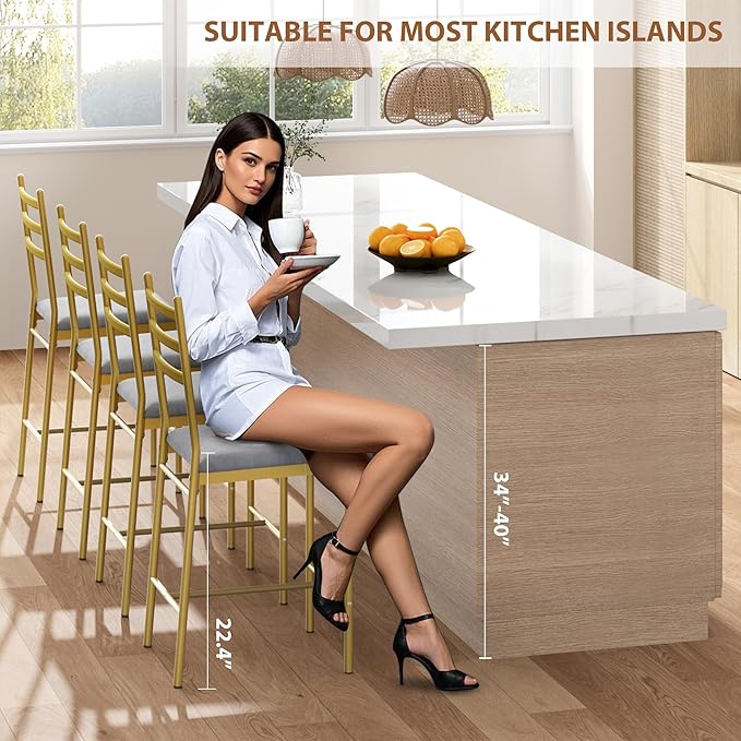 GarveeHome Bar Stools Set of 4, Counter Height Bar Chairs with Back and Thick Cushion, Upholstered Dining Chairs with Padded Seat, Barstools for Kitchen Island, Bar, Dining Room, Retro Gold