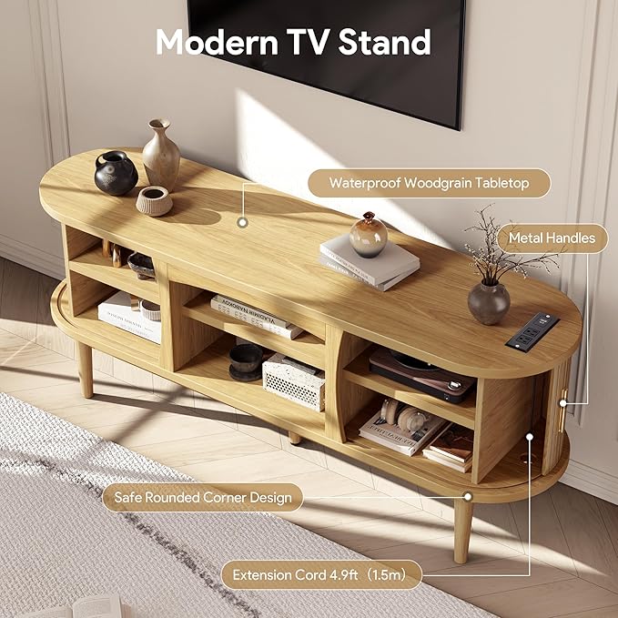 Mid Century TV Stand for TVs up to 65 Inches, Entertainment Center with Storage, Power Outlet, Fluted Sliding Doors & Adjustable Shelves, Modern Media TV Console Table for Living Room (Oak)