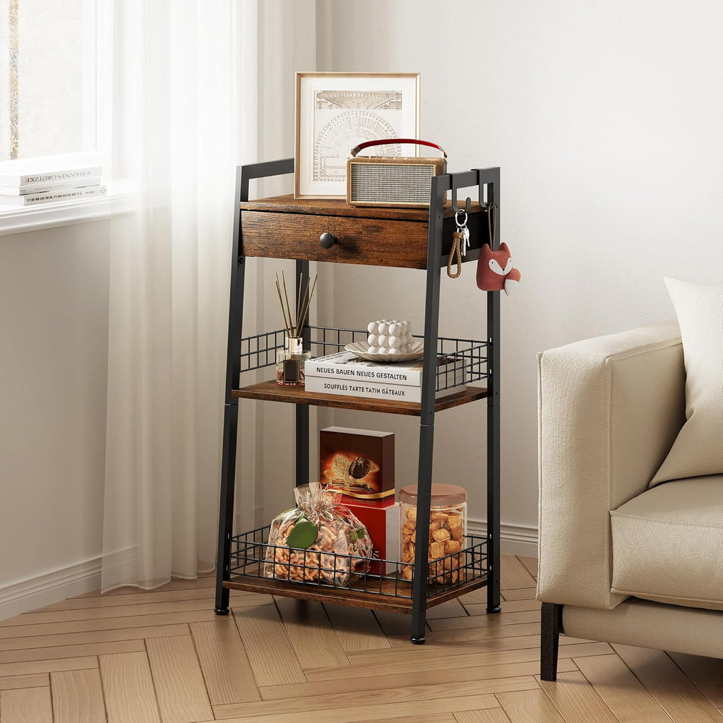3-Tier Ladder Shelf with Drawer, Bathroom Stand Floor Storage Shelf, Freestanding Tower Shelf Ladder Table for Living Room, Bedroom -Rustic Brown