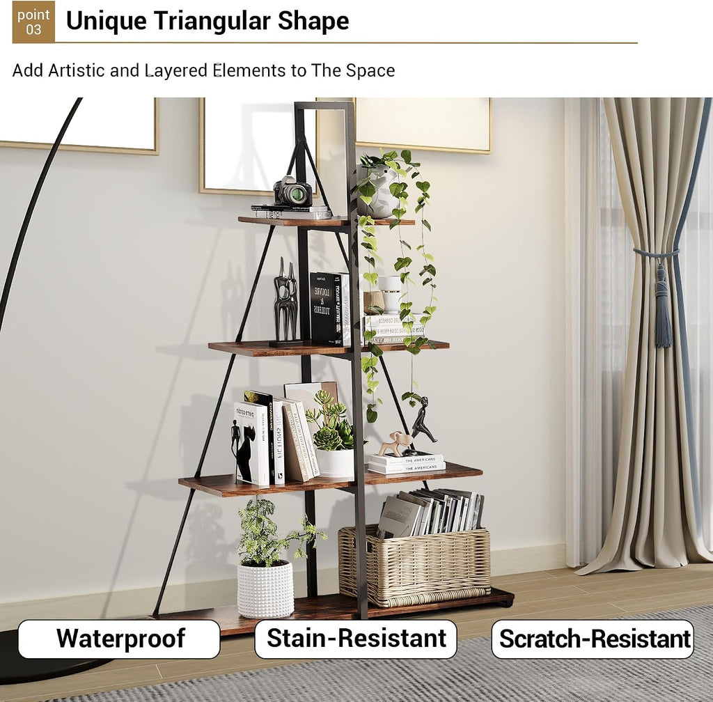 IDEALHOUSE 4-Tier A-Shaped Ladder Bookshelf, Industrial Metal Frame Storage Display Shelf, Tall Ladder Shelving Organizer with Black Iron & Retro Color Board for Living Room, Home Office