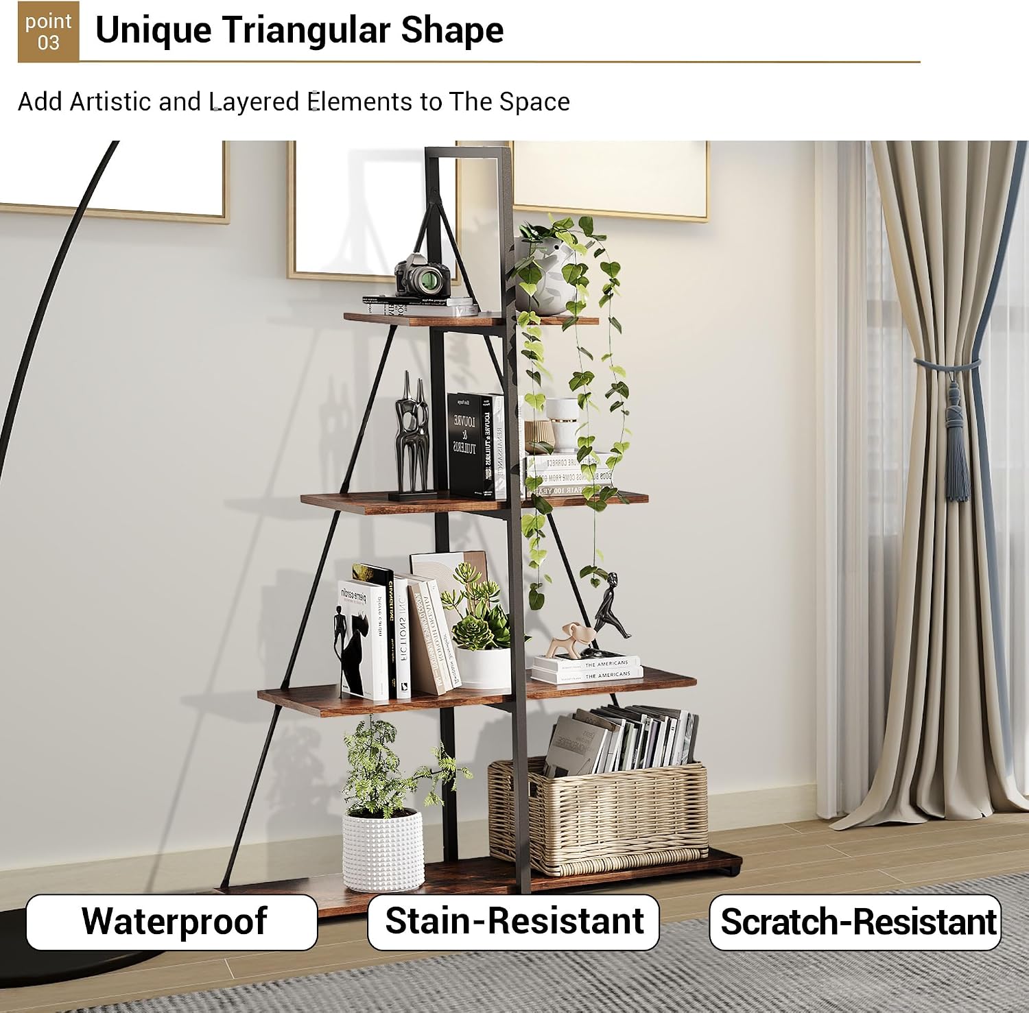 IDEALHOUSE 4-Tier A-Shaped Ladder Bookshelf, Industrial Metal Frame Storage Display Shelf, Tall Ladder Shelving Organizer with Black Iron & Retro Color Board for Living Room, Home Office