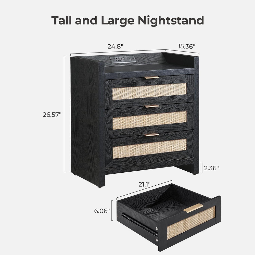 SICOTAS Nightstands Set of 2 : Rattan Tall Bedside Table with 3 Drawers | Far...