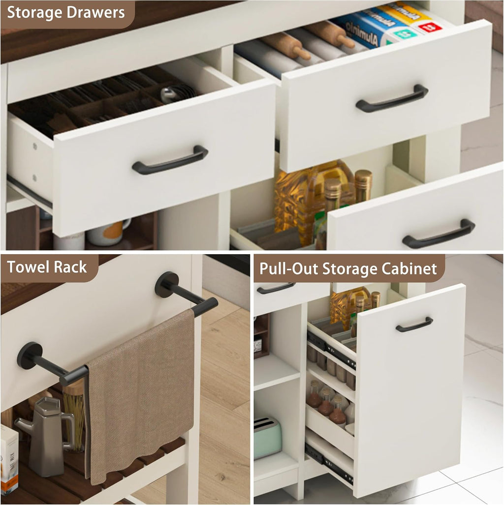 72" Stationary Kitchen Island with Charging Station | Large Kitchen Bar Island Table, 6 Storage Drawers, Open Shelves & Built-in Fridge Space, Towel Racks