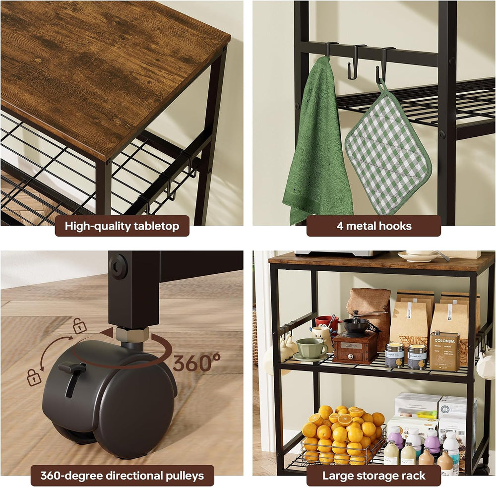itchen Rolling Cart, 3-Tier Microwave Stand with Lockable Wheels, One-Piece S...