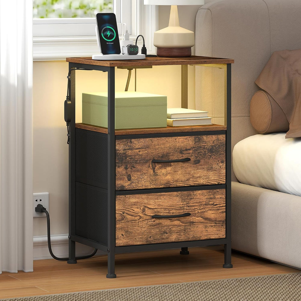 SONGMICS LED Nightstand with Charging Station, 2 Fabric Drawers, Brown