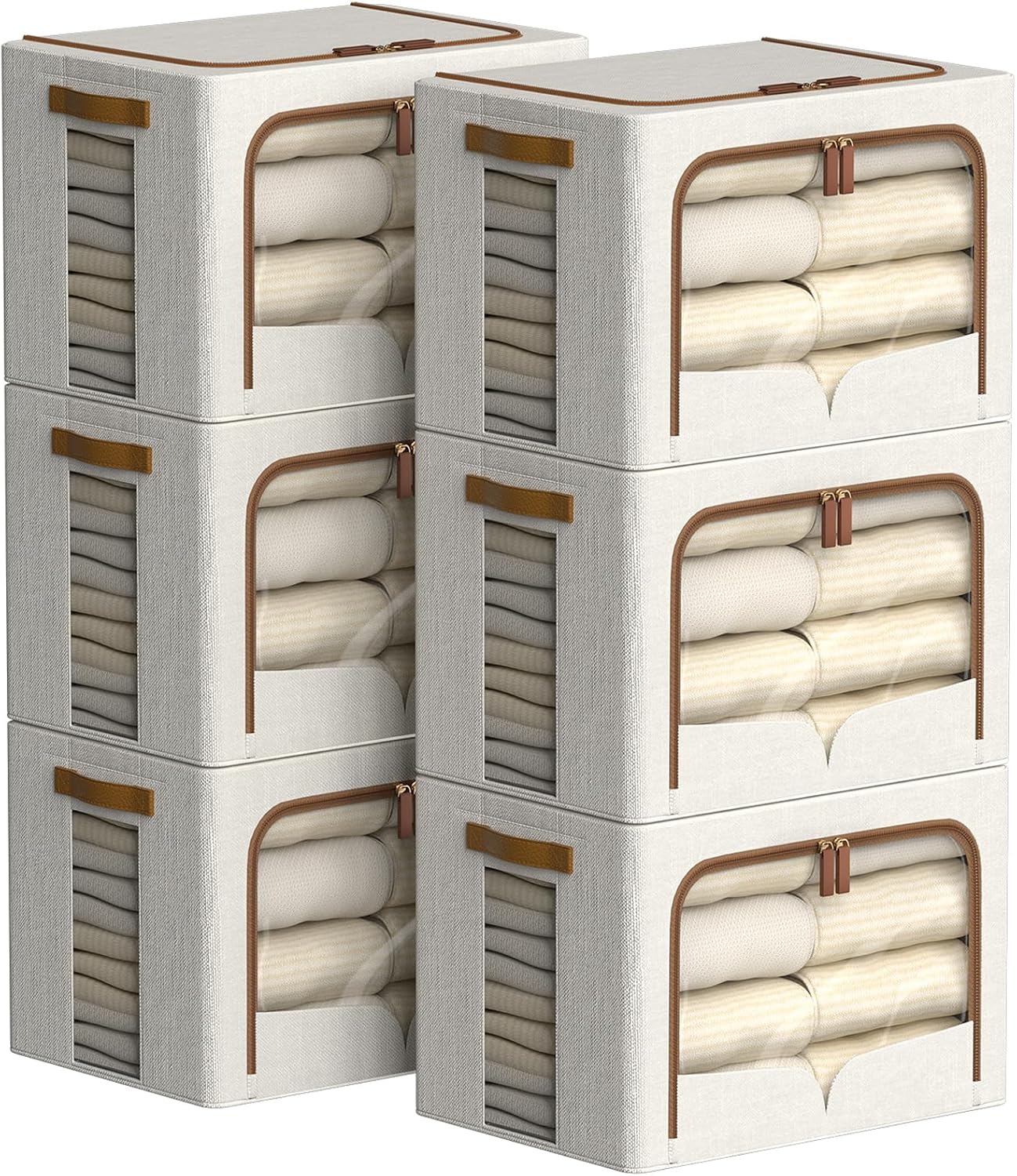 FHSQX 6 Pack Clothes Storage Bins - Foldable Storage Bins for Clothes Fabric Storage Box with Metal Frame (Cream White, 16.5x12.2x12.2 inch)
