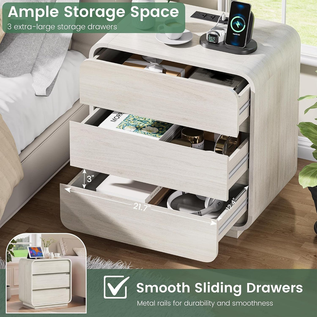 White Nightstand Set of 2 with Charging Station, 23.2" Wide Wood Bedside Table, Modern Dresser End Table with 3 Storage Drawers, Curved Profile, Mid Century Night Stand for Bedroom Dorm