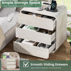 White Nightstand with Charging Station, 25" Tall Wood Bedside Table, Modern Dresser End Table with 3 Storage Drawers, Curved Profile, Mid Century Night Stand for Bedroom Dorm Sofa Office