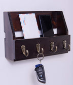 Flintar Wall Mount Key and Mail Holder with 4 Hooks. Made in Taiwan, Solid Wood. Use as Key Rack, Entryway or Mudroom Organizer, Mail & Bill Sorter, Magazine Holder (Walnut)