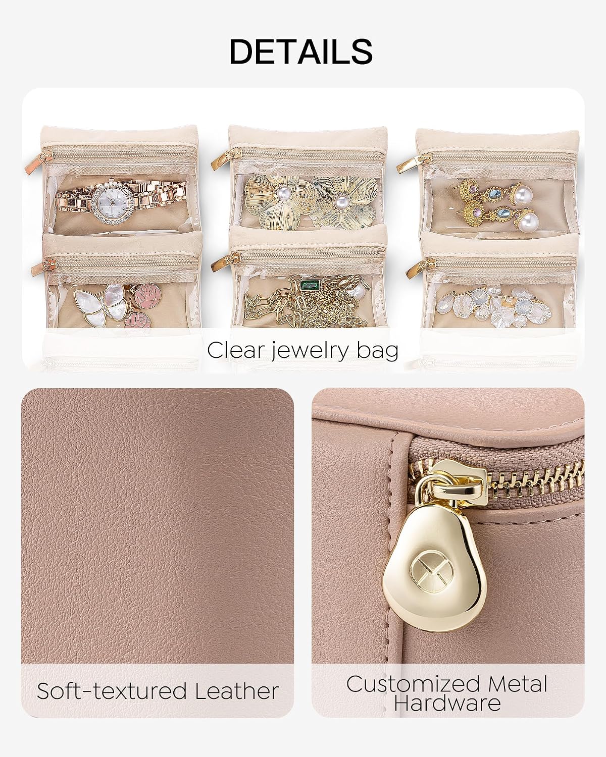 VLANDO Travel Jewelry Organizer with 12 Clear Velvet Zipper Pouches,Khaki | Travel Luggage Storage,Rings,Bracelets,Earrings Storage,Women Girls,Bridesmaid,Anniversaries Gift
