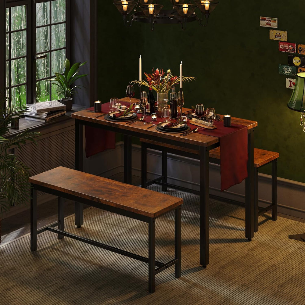 Tatub Dining Table Set for 4, 3-Piece Kitchen Table with 2 Benches, Space-Sav...