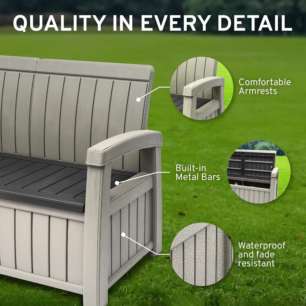 EconoHome 2 Seat Outdoor Storage Bench with Rain Cover - 60 Gallon Capacity -...