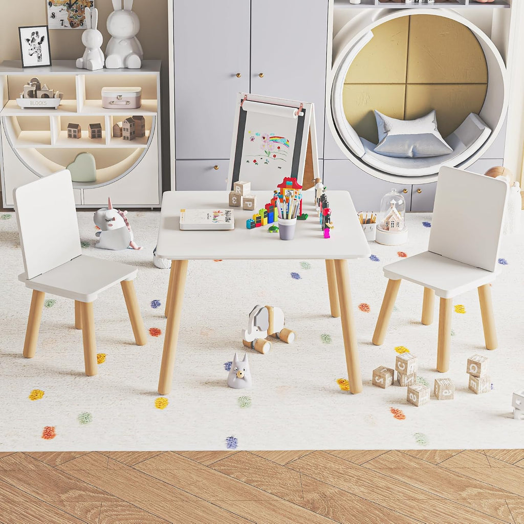 Kids Table and 2 Chairs Set, 3 Pieces Toddler Table and Chair Set, Kids' Table & Chair Sets, Kid Play Table for Daycare, Classroom, Home (White)