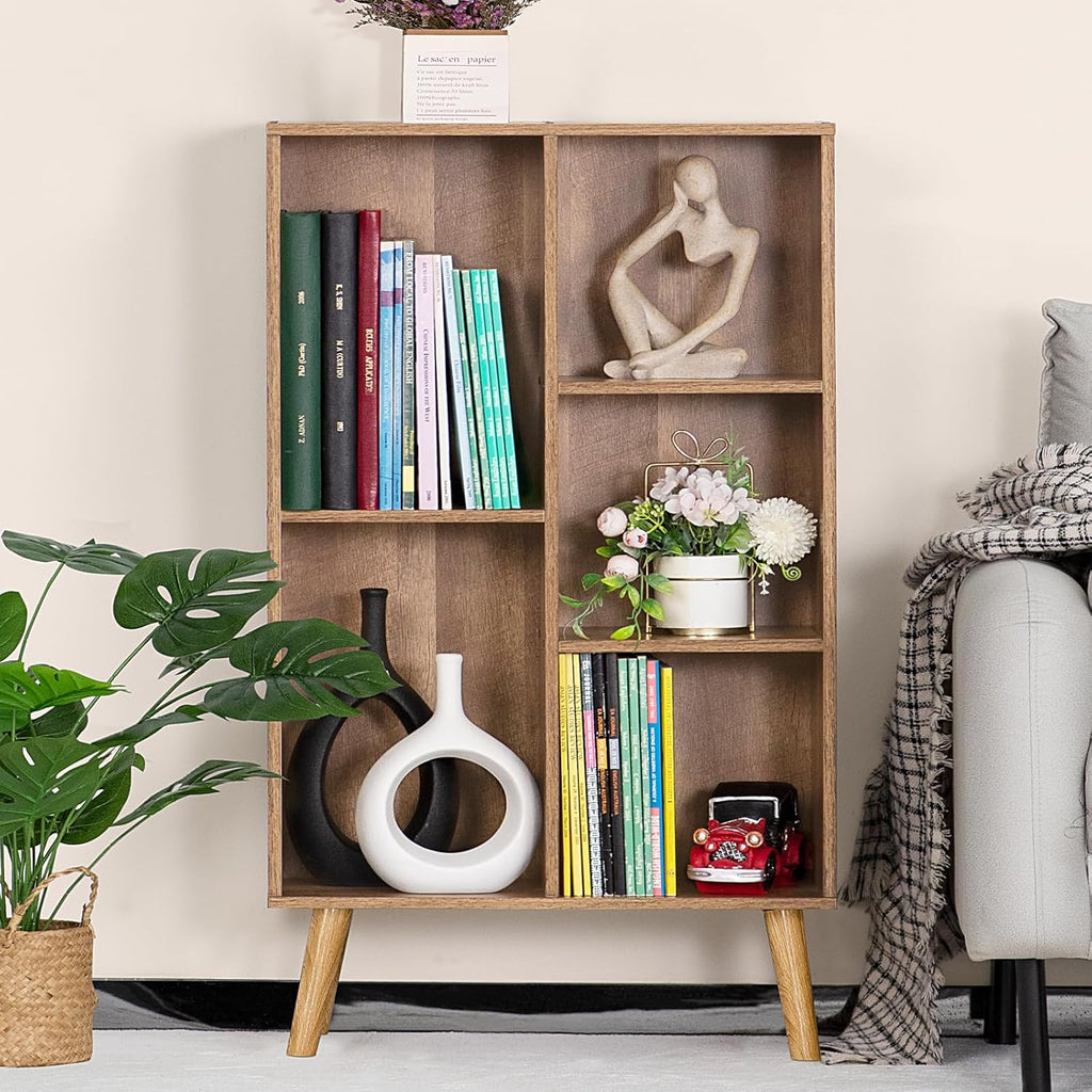 5 Cube Small Bookshelf,3 Tier Mid-Century Modern Bookcase with Legs,Wood Kids Bookshelves Storage Organizer Shelf,Free Standing Narrow Book Shelves,Oak Grey Corner Bookcases for Bedroom,Living Room