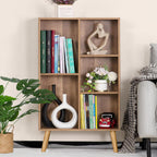 5 Cube Small Bookshelf,3 Tier Mid-Century Modern Bookcase with Legs,Wood Kids Bookshelves Storage Organizer Shelf,Free Standing Narrow Book Shelves,Oak Grey Corner Bookcases for Bedroom,Living Room
