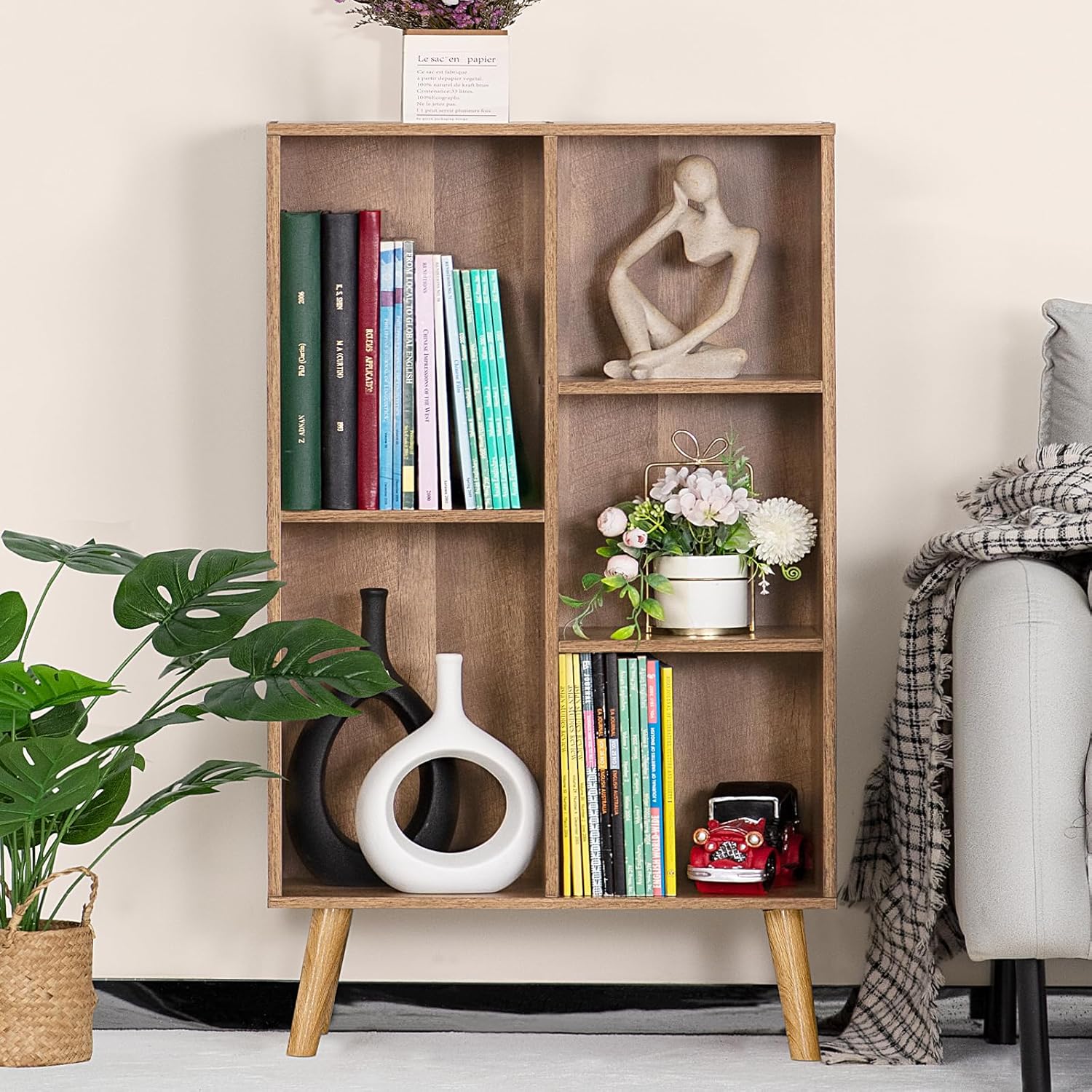 5 Cube Small Bookshelf,3 Tier Mid-Century Modern Bookcase with Legs,Wood Kids Bookshelves Storage Organizer Shelf,Free Standing Narrow Book Shelves,Oak Grey Corner Bookcases for Bedroom,Living Room