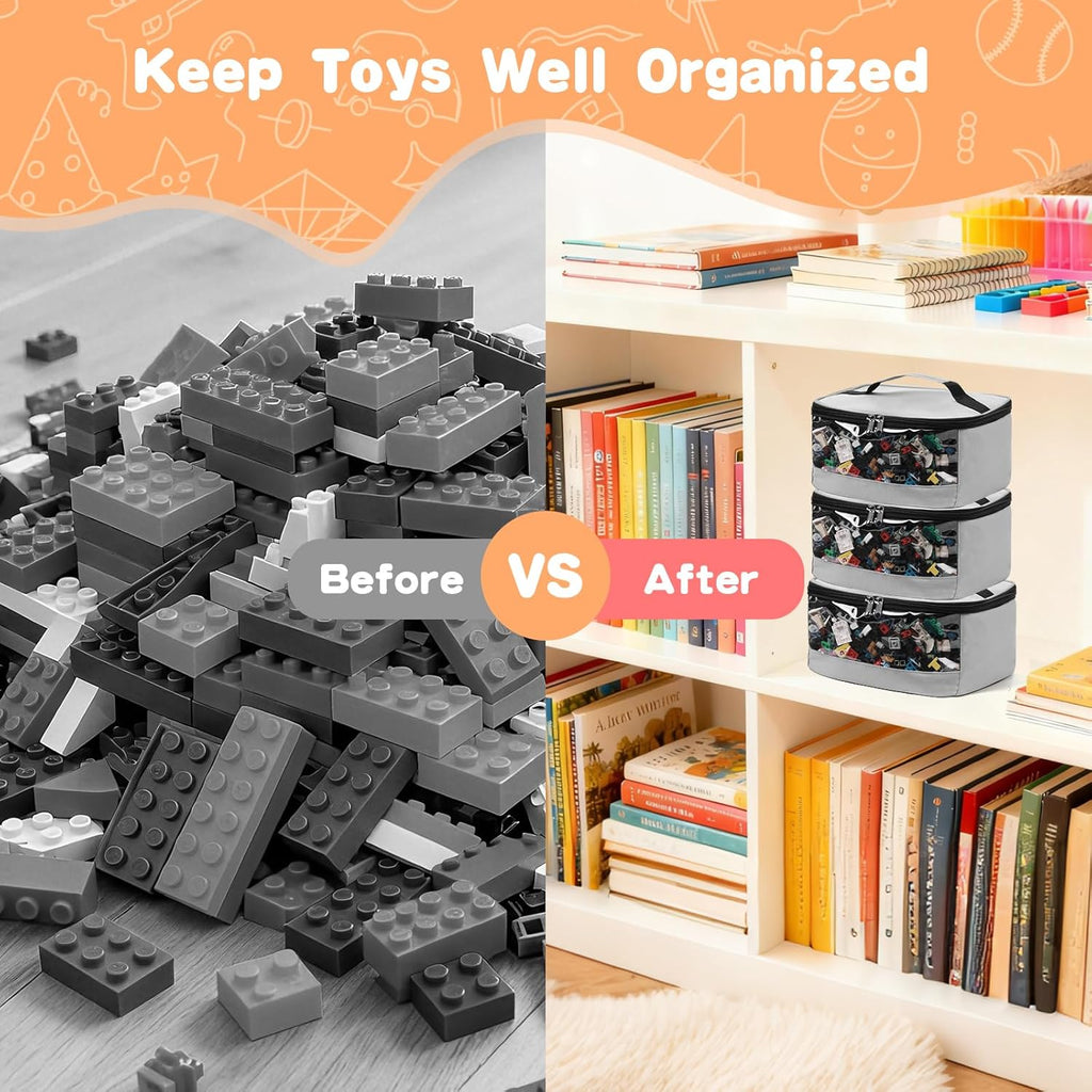 4 PCS Toy Storage Bags, Transparent PVC Toy Organizer Bag with Manual Pocket for Classic Building Bricks, Puzzles,Toy Cars, Large Size, Grey