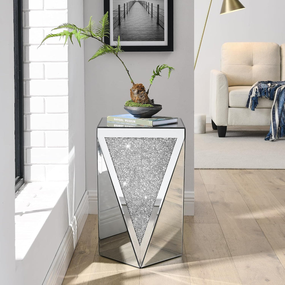 SOFTSEA Mirrored Square End Table with Crushed Diamond Design, Silver Inverte...