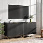 Fluted TV Stand for 60 Inch TV, Modern TV Stand, Entertainment Center w/ 2 Storage Cabinets, Adjustable Shelves & Gold Handles, Wood Media Cabinet for Living Room, Black