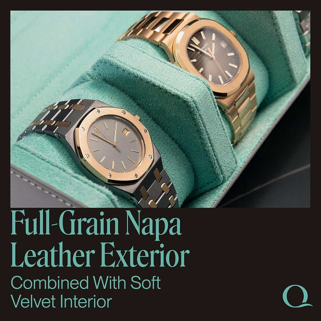 QWATCHBANDS Napa Leather Watch Rolls for Men - Hexagon Triple Watch Roll Travel Case 3 Watches - Storage Organizer Genuine Leather with Velvet Interior Display (Gray/Turquoise)