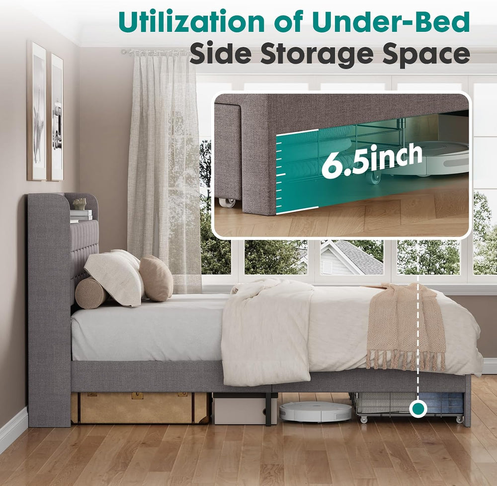 DUMOS Full Bed Frame, Upholstered Platform Bed Frame with Storage Drawers
