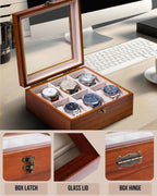 Watch Box, Watch Case for Men Women with Large Glass Lid, Wooden Watch Display Storage Box with 6 - Slots, Classic Walnut 6x2 Mens Watch Box Organizer