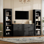 Merax Modern 3 Piece TV Stand with 2 Bookshelves for TVs up to 70'', Mid-Century Solid Wood Entertainment Center with Storage Cabinets, Practical Media Console for Living Room, Bedroom, Black