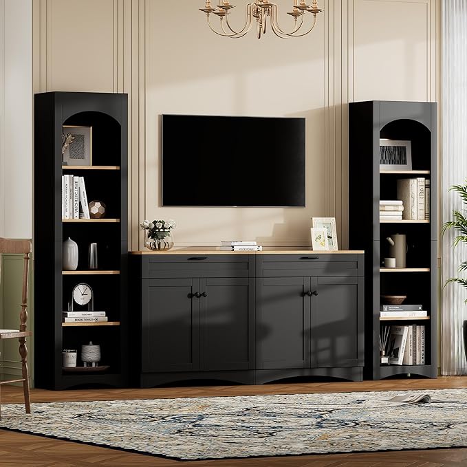 Merax Modern 3 Piece TV Stand with 2 Bookshelves for TVs up to 70'', Mid-Century Solid Wood Entertainment Center with Storage Cabinets, Practical Media Console for Living Room, Bedroom, Black