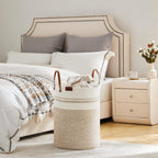 VIPOSCO Tall Laundry Basket, Large Dirty Clothes Hamper with Leather Handle, Woven Rope Storage Basket for Blanket, Toy In Living Room, Bathroom, Bedroom - 58L Brown & White