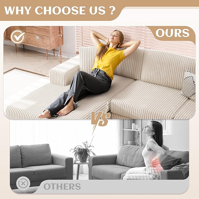 Vongrasig 105" Boneless Couches for Living Room, Sectional Couches Modular Sofa with L-Shaped Chaise, Memory Foam Comfy Cloud Couch with Plush Corduroy Fabric, No Assembly Required, Beige