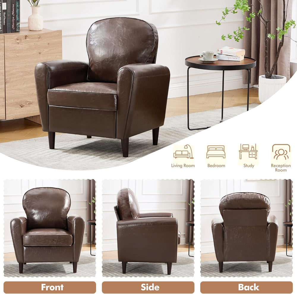 Mid Century Accent Chair, Modern Faux Leather Arm Chair, Comfy Upholstered Re...
