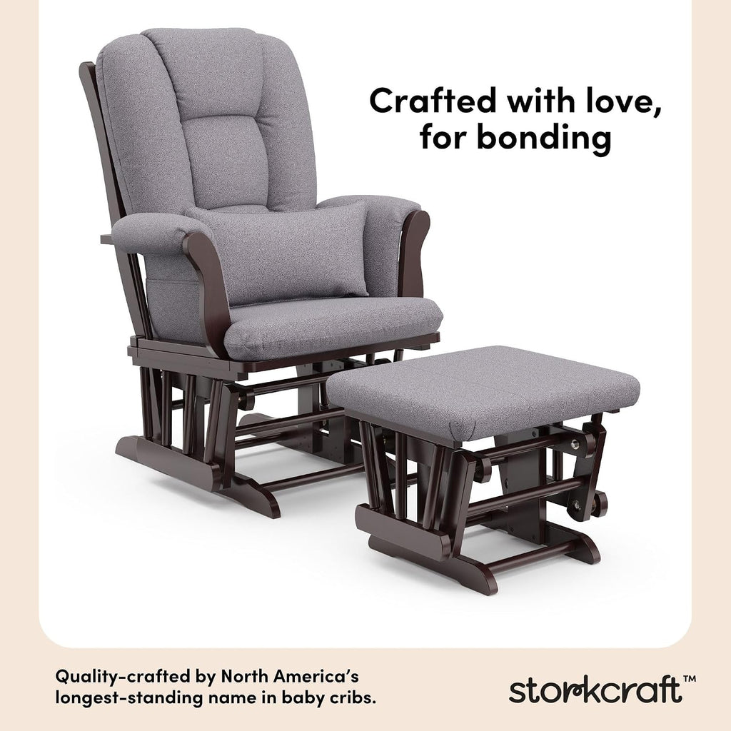 Storkcraft Tuscany Custom Glider and Ottoman with Free Lumbar Pillow (Espresso/Slate Gray Swirl) - Cleanable Upholstered Comfort Rocking Nursery Chair with Ottoman