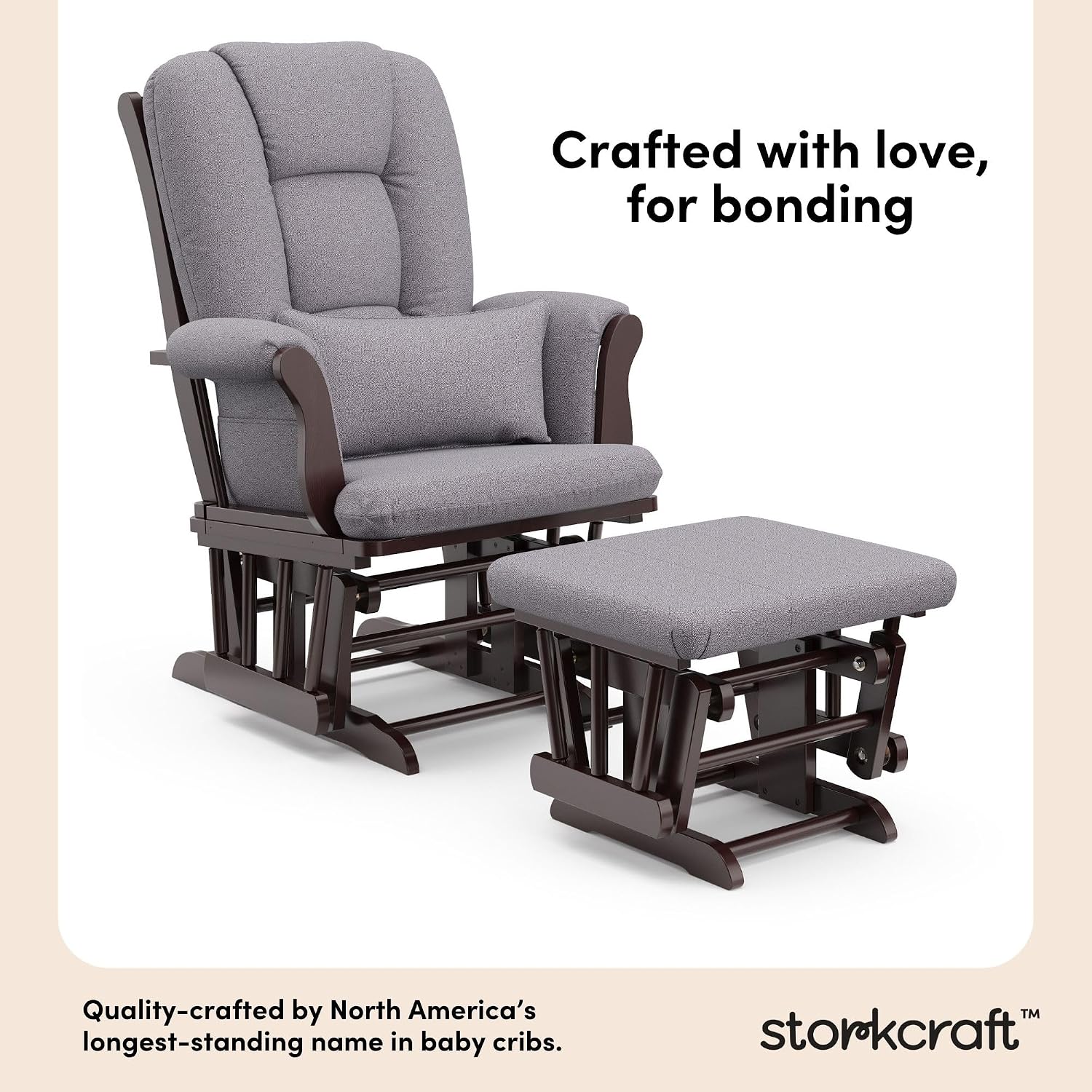 Storkcraft Tuscany Custom Glider and Ottoman with Free Lumbar Pillow (Espresso/Slate Gray Swirl) - Cleanable Upholstered Comfort Rocking Nursery Chair with Ottoman