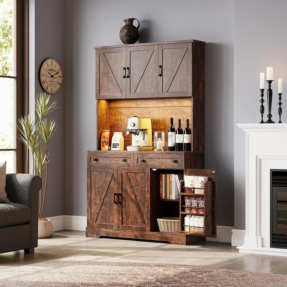 ELYKEN 71" Kitchen Pantry Storage Cabinet with Outlet & LED Lights, ...