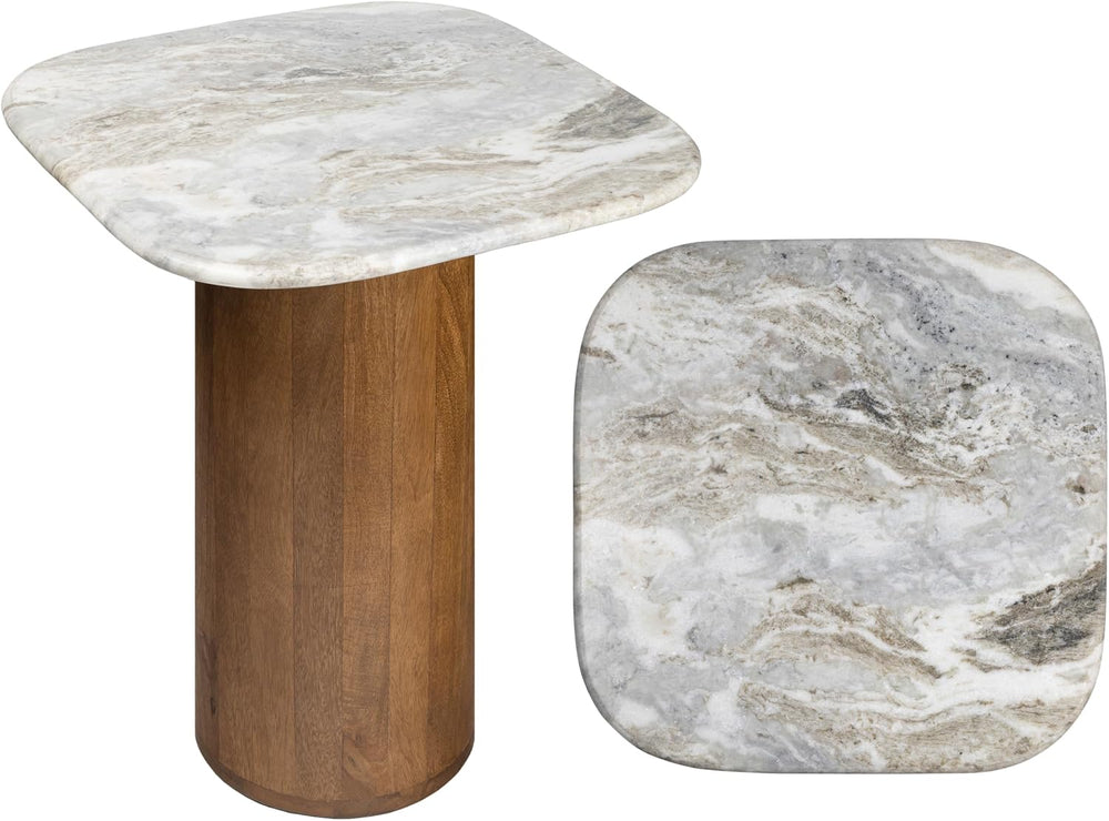 JONATHAN Y Milos Natural White Marble Square Top End Table with Honey Wood Cy...
