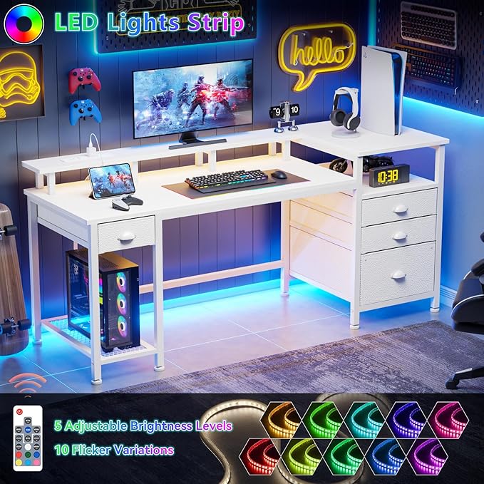 Furologee 60" White Office Computer Desk with 4 Drawers,Gaming Desk with LED Lights and Power Outlets,Long Desk with Fabric File Cabinet,Study Writing Work Table with Shelf for Bedroom Home Office
