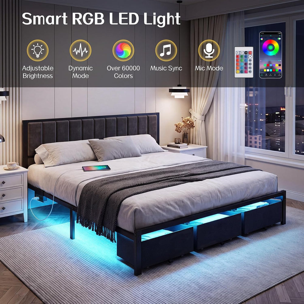 OLEVS King Bed Frame with 3 Drawers, Charging Station & RGB LED Lights