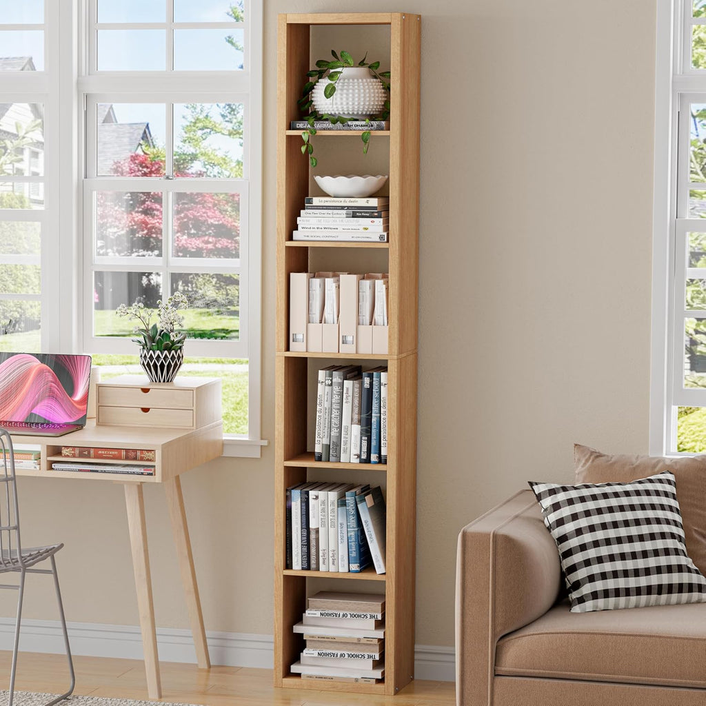 Tall Cube Storage Organizer Bookcase, 6 Tier 11 inch Open Back Cubical Shelf with Thickened Border, Display Bookshelf for Living Room, Home Office, Sturdy Room (Natural Oak, 6 Cube,Vertical)