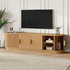 Farmhouse Wooden TV Stand with Sliding Tambour Door for TVs up to 75", Fluted Media Console with Adjustable Storage, Golden Handle TV Cabinet with Cable Holes for Living Room, Natural