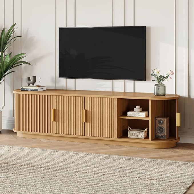Farmhouse Wooden TV Stand with Sliding Tambour Door for TVs up to 75", Fluted Media Console with Adjustable Storage, Golden Handle TV Cabinet with Cable Holes for Living Room, Natural