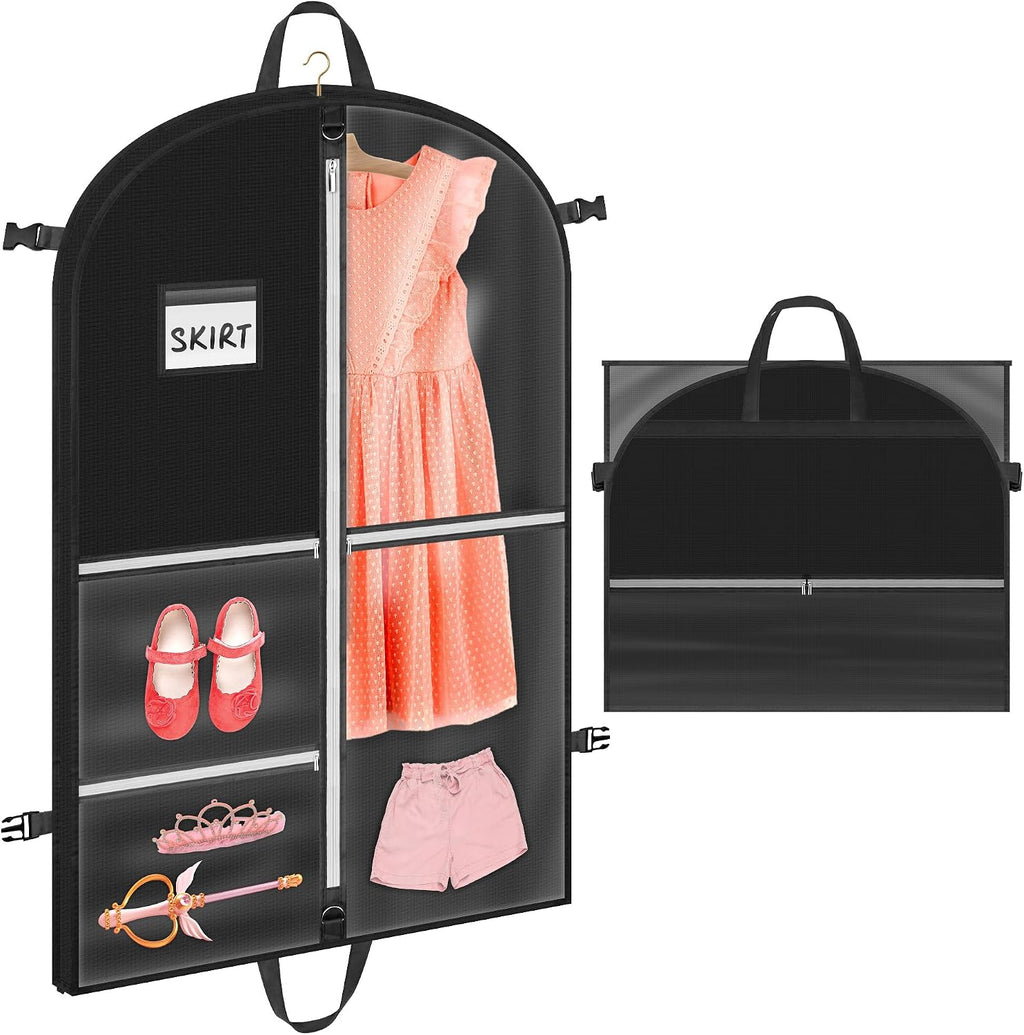 Garment Bags for Hanging Clothes, Dance Costume Garment Bag with Pockets, Waterproof Hanging Clothes Bag, Foldable Dustproof Dance Travel Bag for Suit Dance Costume (110×60cm,Black)